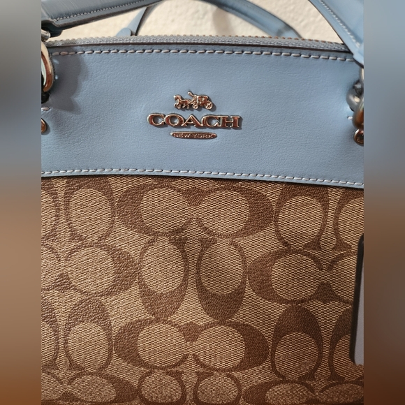 Coach Monogram Brown/ Light Blue Top Handle. In Excellent Condition Outside - Picture 4 of 11